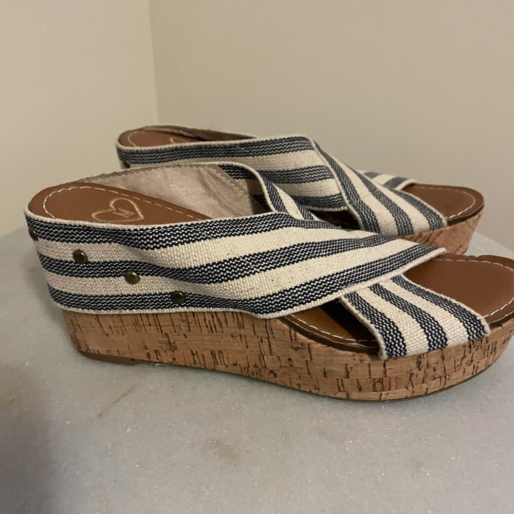 Madeline Adonis Blue and Cream Colored Cork Wedge Sandals Size 7.5